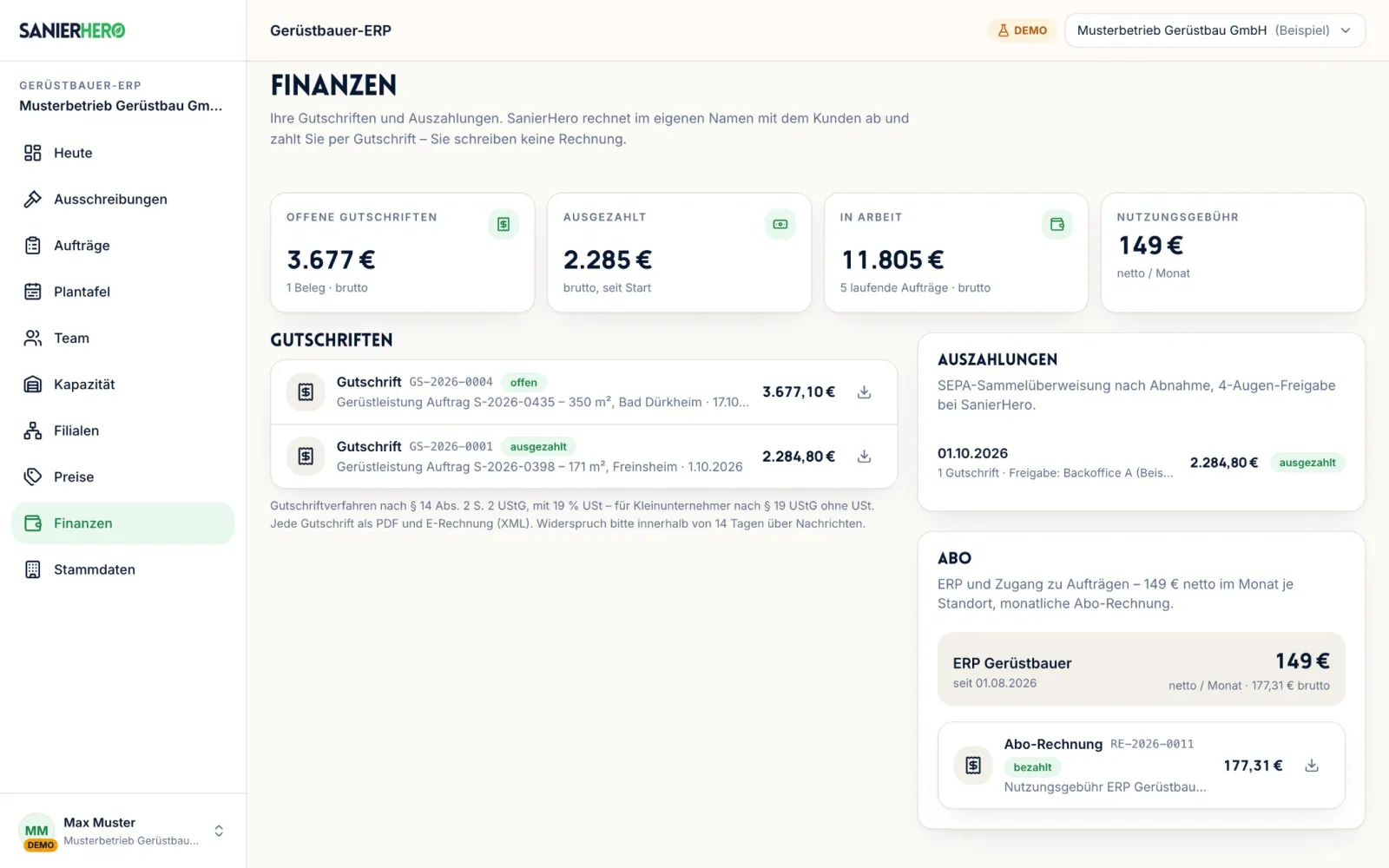 Finanzen mit offenen Gutschriften, Auszahlungen und Abo (Demo, Beispielbeträge)
