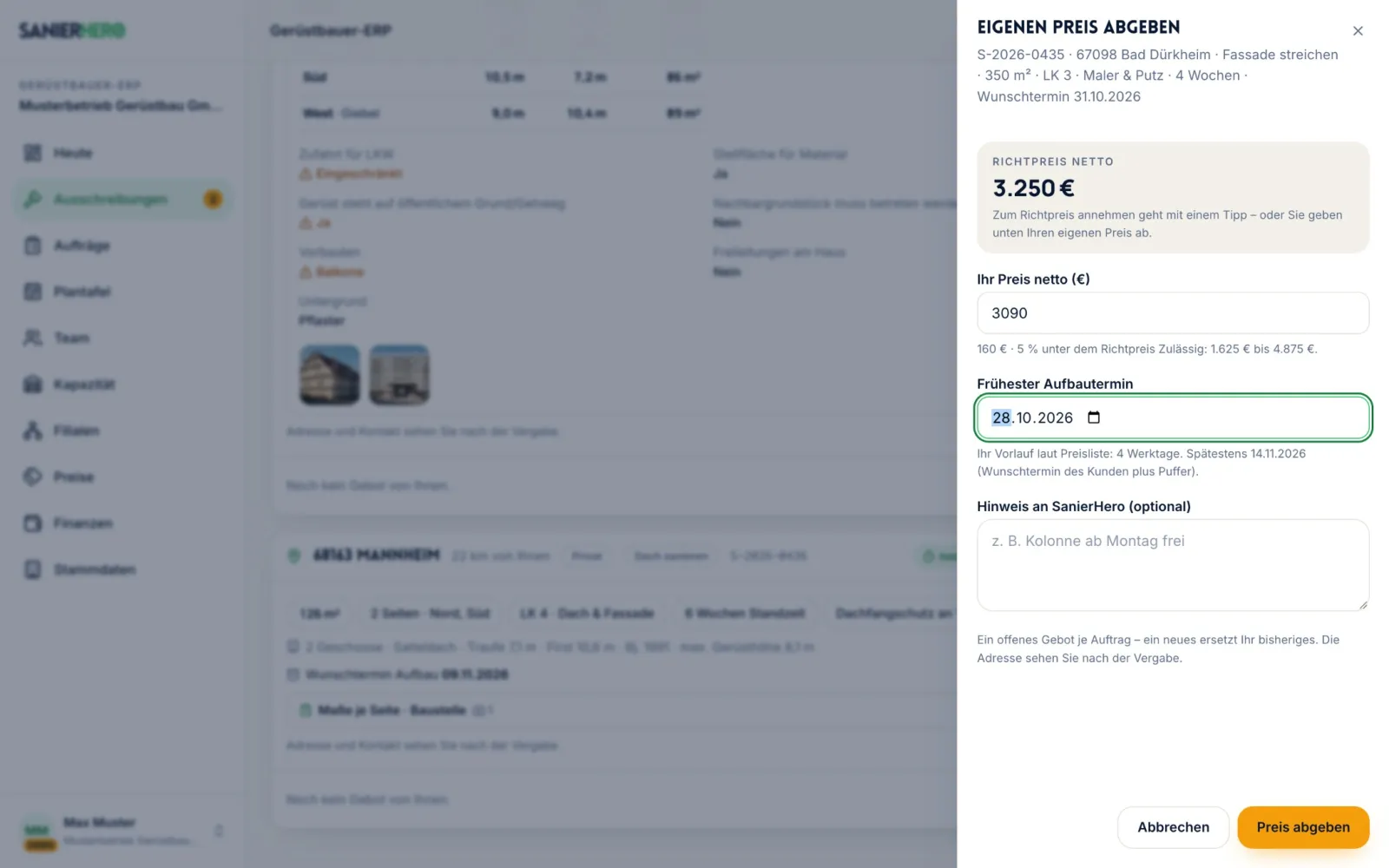 Eigenen Preis abgeben: Preis, frühester Aufbautermin und Richtpreis (Demo)