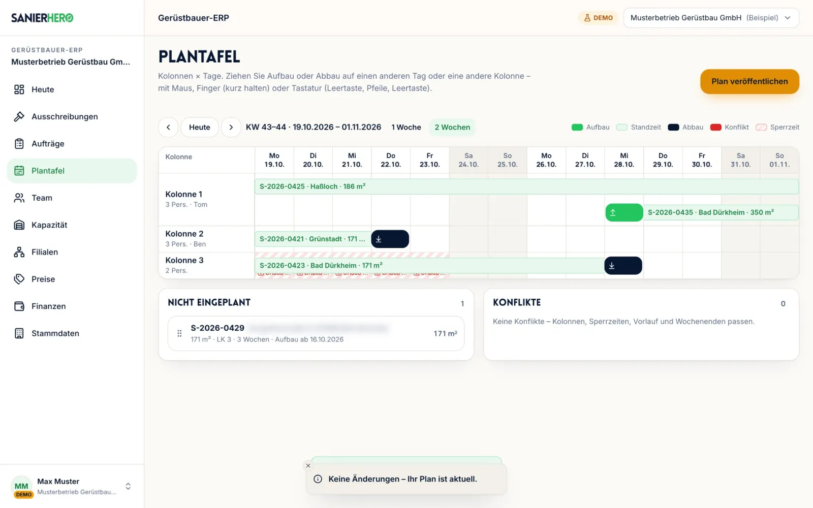 Plantafel mit Kolonnen und Tagen, eingeplanter Aufbau (Demo)