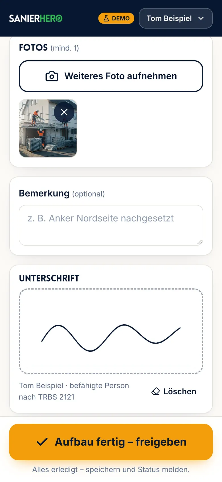 Prüfprotokoll nach TRBS 2121 in der Monteur-App mit Foto und Unterschrift (Demo)